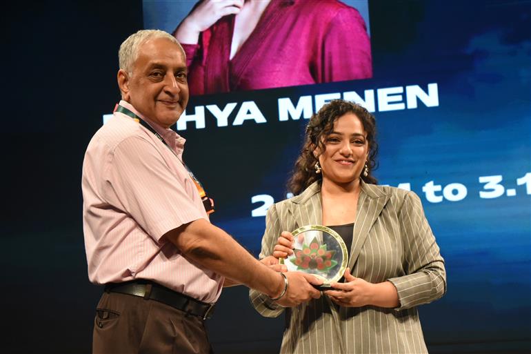 Ms. Nithya Menen being felicitated during Masterclass at 55th IFFI, in Goa on November 21, 2024.