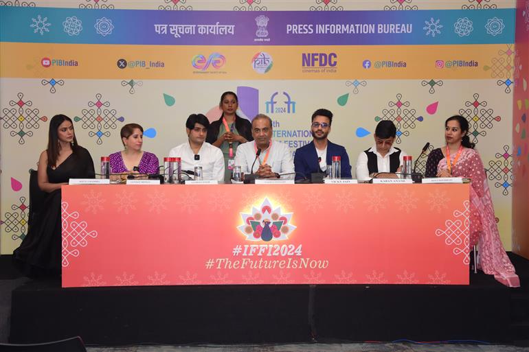 Shri Gaurav Dwivedi, CEO, Prasar Bharati along with Actors and Producer of Doordarshan’s new WAVES OTT content addressing the Media at 55th IFFI, in Goa on November 23, 2024.