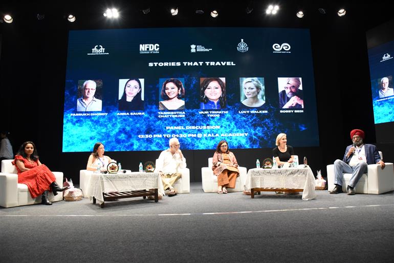 Panel Discussions on Stories that Travel: - Farrukh Dhondy, Anna Saura, Tannishtha Chatterjee, Vani Tripathi Tikoo, Lucy Walker, Moderated by Bobby Bedi at 55th IFFI, in Goa on November 23, 2024.