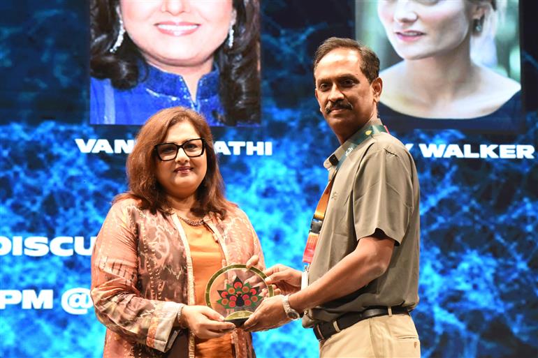 Vani Tripathi Tikoo being felicitated on Stories that Travel at 55th IFFI, in Goa on November 23, 2024.