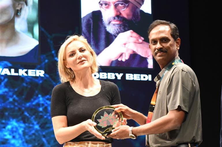 Lucy Walker being felicitated on Stories that Travel at 55th IFFI, in Goa on November 23, 2024.