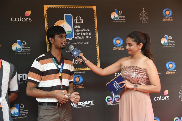 Cast and Crew from the movie ‘Google Matrimony’, Abhinav G Athrey (Director), Shree Karthick (Co-Producer), Arun Vijayakumar (DOP) and Dev (Producer)3 at 55th IFFI, in Goa on November 23, 2024.