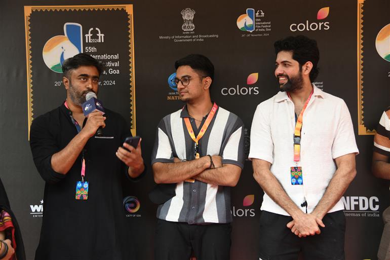 Cast and Crew from the movie ‘Google Matrimony’, Abhinav G Athrey (Director), Shree Karthick (Co-Producer), Arun Vijayakumar (DOP) and Dev (Producer)3 at 55th IFFI, in Goa on November 23, 2024.