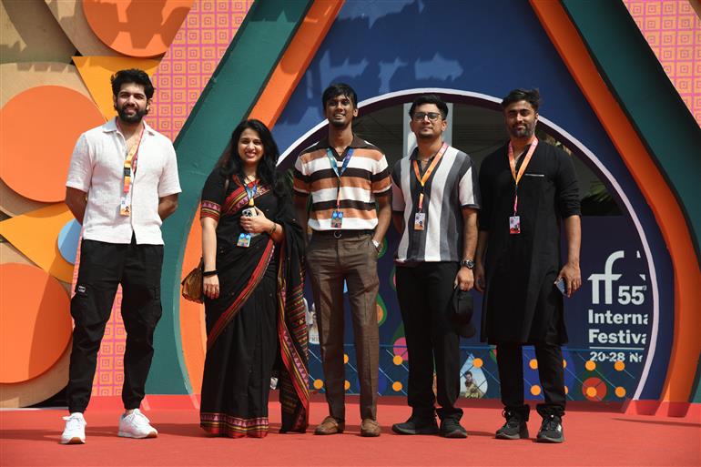 Cast and Crew from the movie ‘Google Matrimony’, Abhinav G Athrey (Director), Shree Karthick (Co-Producer), Arun Vijayakumar (DOP) and Dev (Producer)3 at 55th IFFI, in Goa on November 23, 2024.