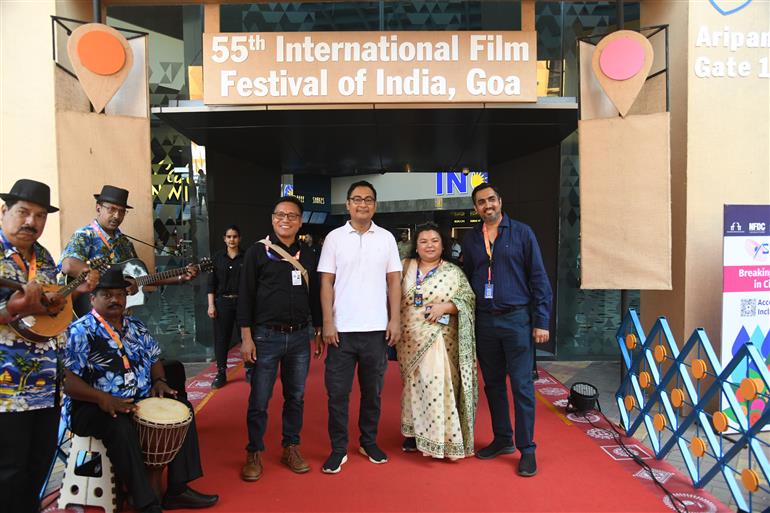 Cast and Crew from the movie ‘Bibo Binano’, Kenny Deori Basumatary (Director), Kulanandini Mahanta (Production Designer) walks the Red Carpet at 55th IFFI, in Goa on November 23, 2024.