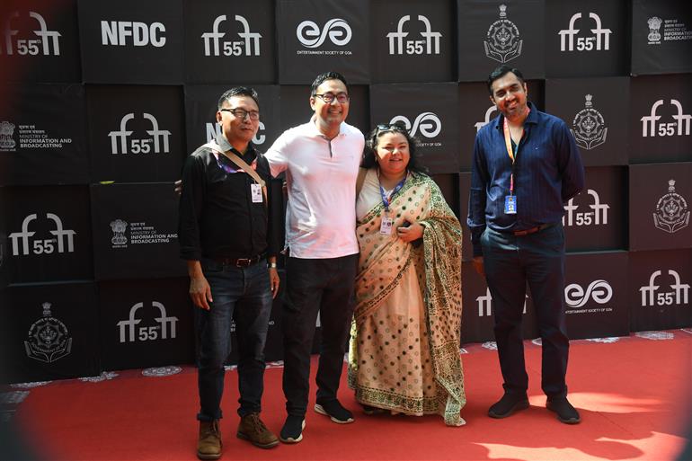 Cast and Crew from the movie ‘Bibo Binano’, Kenny Deori Basumatary (Director), Kulanandini Mahanta (Production Designer) walks the Red Carpet at 55th IFFI, in Goa on November 23, 2024.