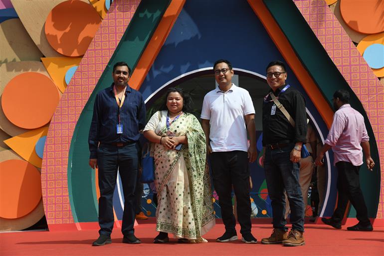 Cast and Crew from the movie ‘Bibo Binano’, Kenny Deori Basumatary (Director), Kulanandini Mahanta (Production Designer) walks the Red Carpet at 55th IFFI, in Goa on November 23, 2024.