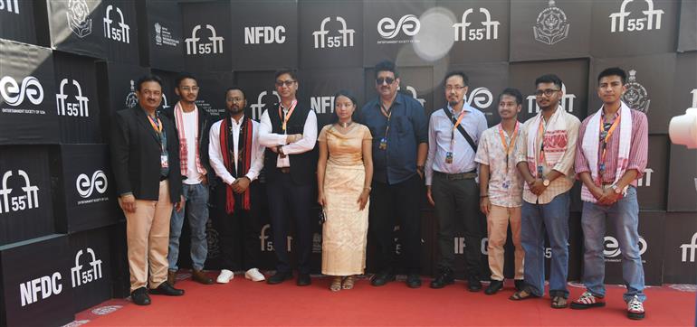‘Cast and Crew of the film ‘Chanchiso’, Producer: Rahul Chandra Das, Director: Elvachisa Ch Sangma & Dipankar Das, DOP: Ramjyoti Krishnacharan, Sound Team: Saptarshi Das, Buildingstone L Sangriang, Priyanka Deka, Co-Writer: Damebanri Mylliem, Asst Cinematographer: Suprov Tamuli Phukan walks the Red Carpet at 55th IFFI’, in Goa on November 23, 2024.