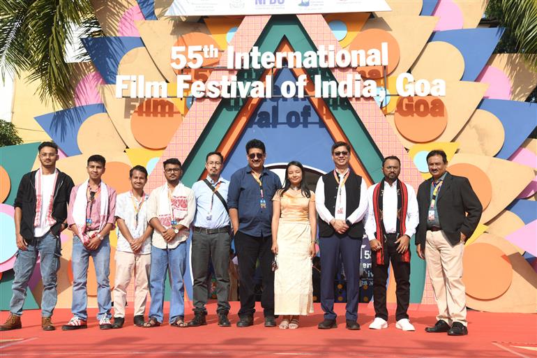 ‘Cast and Crew of the film ‘Chanchiso’, Producer: Rahul Chandra Das, Director: Elvachisa Ch Sangma & Dipankar Das, DOP: Ramjyoti Krishnacharan, Sound Team: Saptarshi Das, Buildingstone L Sangriang, Priyanka Deka, Co-Writer: Damebanri Mylliem, Asst Cinematographer: Suprov Tamuli Phukan walks the Red Carpet at 55th IFFI’, in Goa on November 23, 2024.