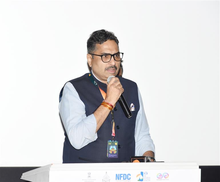 Shri Sanjay jaju, Secretary, Ministry of Information and Broadcasting speaks at award Ceremony of CMOT at 55th IFFI, in Goa on November 24, 2024.