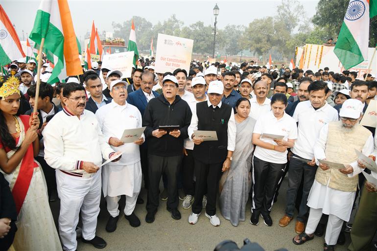 The Union Minister for Youth Affairs and Sports & Labour and Employment, Shri Mansukh Mandaviya, the Union Minister for Education, Shri Dharmendra Pradhan, the Union Minister of Culture and Tourism, Shri Gajendra Singh Shekhawat, the Union Minister for Commerce and Industry, Shri Piyush Goyal, the Union Minister of Parliamentary Affairs and Minority Affairs, Shri Kiren Rijiju, the Minister of State (Independent Charge) for Ministry of Law and Justice & Parliamentary Affairs, Shri Arjun Ram Meghwal and other dignitaries participate in “Hamara Samvidhan Hamara Swabhiman” Padyatra, in New Delhi on November 25, 2024.