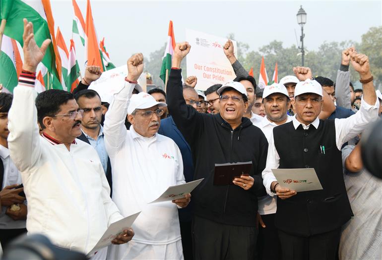 The Union Minister for Youth Affairs and Sports & Labour and Employment, Shri Mansukh Mandaviya, the Union Minister for Education, Shri Dharmendra Pradhan, the Union Minister of Culture and Tourism, Shri Gajendra Singh Shekhawat, the Union Minister for Commerce and Industry, Shri Piyush Goyal, the Union Minister of Parliamentary Affairs and Minority Affairs, Shri Kiren Rijiju, the Minister of State (Independent Charge) for Ministry of Law and Justice & Parliamentary Affairs, Shri Arjun Ram Meghwal and other dignitaries participate in “Hamara Samvidhan Hamara Swabhiman” Padyatra, in New Delhi on November 25, 2024.
