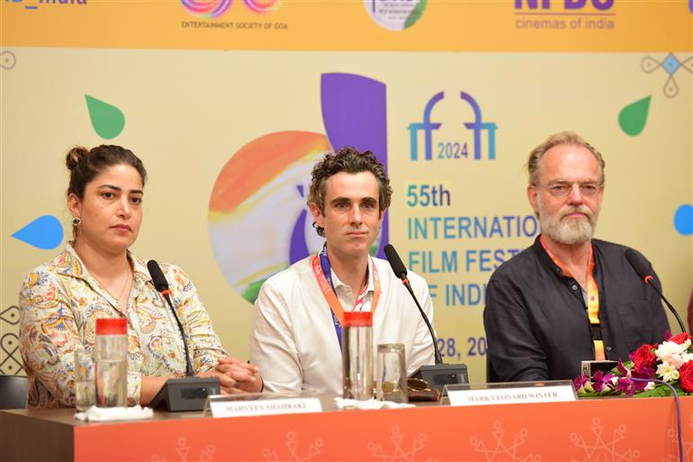 Mark Leonard Winter, Director, Writer, Hugo Weaving, Lead Actor, MahVeen Shahraki, Producer from the movie ‘The Rooster’ during Press Conference at 55th IFFI, in Goa on November 25, 2024. 