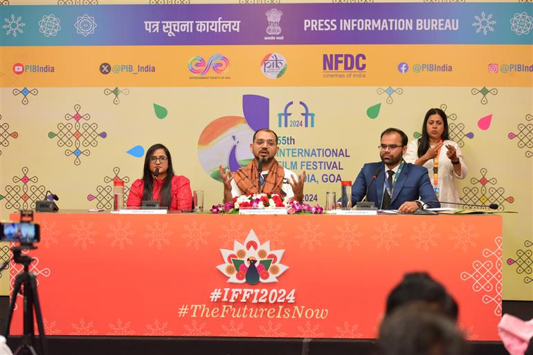 Ashwin Kumar Baluja, Director and Shilpa Dhawan, Producer from the movie 'Mahavatar Narsimha' during Press Conference at 55th IFFI, in Goa on November 25, 2024. 