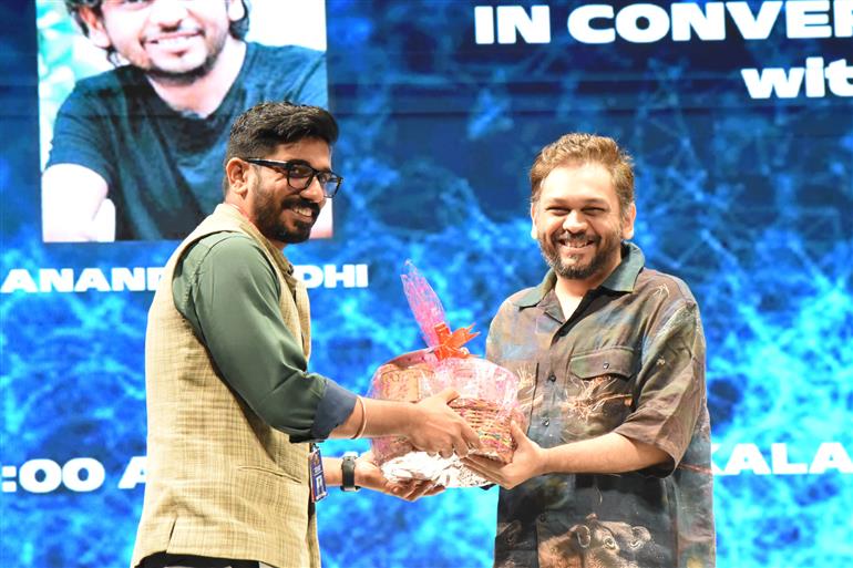 Shri Anand Gandhi being felicitated during panel discussion on ‘Will Artificial Intelligence Alter Filmmaking Forever’ at 55th IFFI, in Goa on November 25, 2024. 