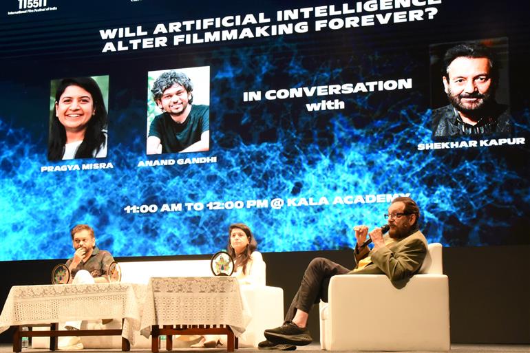 Smt Pragya Misra & Shri Anand Gandhi in Panel discussion with Shri Shekhar Kapur on ‘Will Artificial Intelligence Alter Filmmaking Forever’ at 55th IFFI, in Goa on November 25, 2024. 