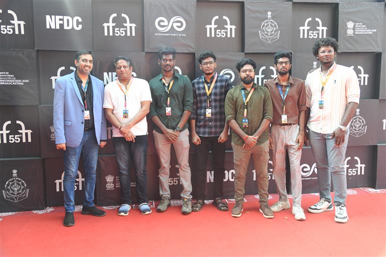Inpent Soosai (Director), K. Bagavathi Perumal (Producer/Actor), Easwaren K (DoP), Yuvaraj lingesan (Associate DoP),  Suvish K (Editor) and Anbu kumar (Co Director) from the movie ‘Sivantha Mann’ attended the Red Carpet at the 55th IFFI, in Goa on November 25, 2024. 