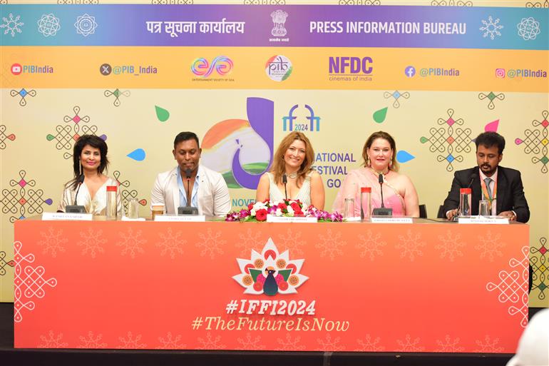 Cristy Coors Beasley (Producer), Rachna Prasan Shah (Producer), Taylor Treadwell (Actress) and Vishwanath Balasubramanium Iyer (Lead Actor) from the movie ‘American Warrior’ interacted with media during a Press Conference at 55th IFFI, in Goa on November 25, 2024.