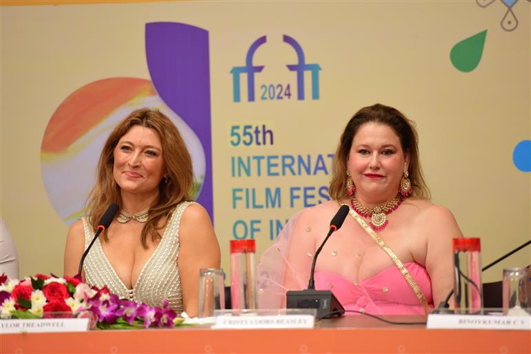  Cristy Coors Beasley (Producer) and Taylor Treadwell (Actress) from the movie ‘American Warrior’ during a Press Conference at 55th IFFI, in Goa on November 25, 2024.
