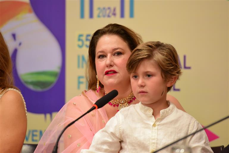 Cristy Coors Beasley (Producer) from the movie ‘American Warrior’ with her son during a Press Conference at 55th IFFI, in Goa on November 25, 2024. 