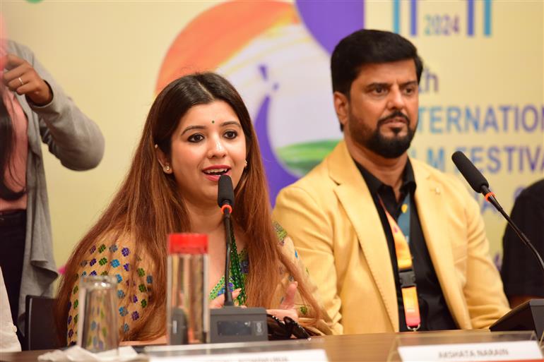 Press Conference by teams of ‘Amar Aaj Marega’ and ‘Swargarath’ at 55th IFFI, in Goa on November 24, 2024. 