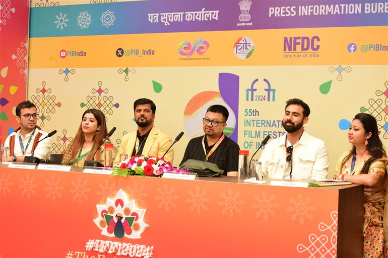 Press Conference by teams of ‘Amar Aaj Marega’ and ‘Swargarath’ at 55th IFFI, in Goa on November 24, 2024. 