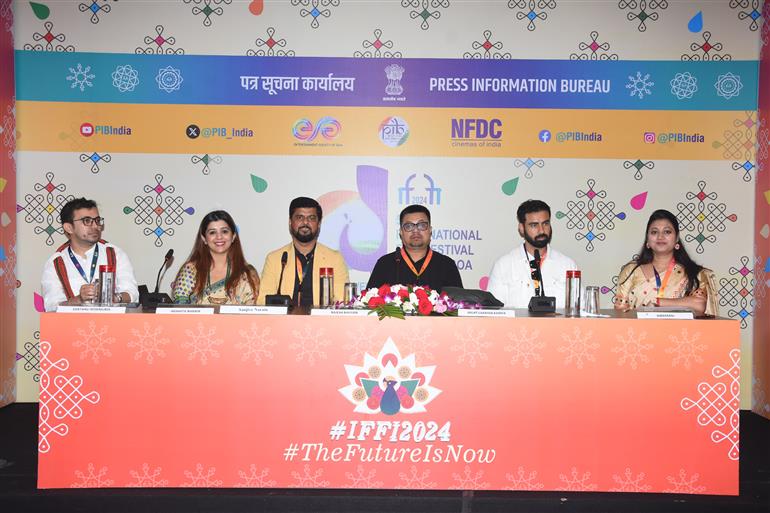 Press Conference by teams of ‘Amar Aaj Marega’ and ‘Swargarath’ at 55th IFFI, in Goa on November 24, 2024. 