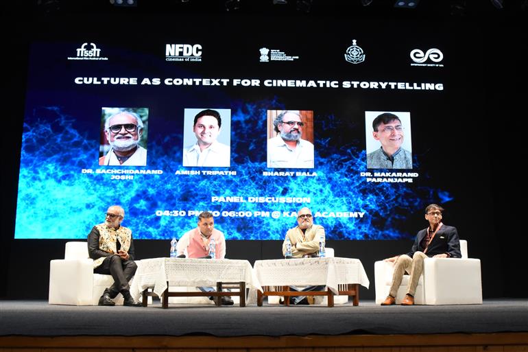 Panel Discussion on Culture as Context for Cinematic Storytelling, Dr. Sachchidanand Joshi, Amish Tripathi, Bharat Bala, Dr. Makarand Paranjape at 55th IFFI, in Goa on November 24, 2024. 