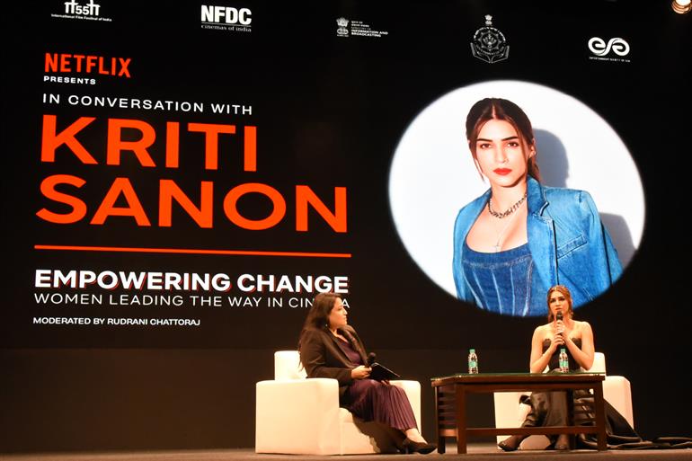 Actress Ms. Kriti Sanon at ‘In-Conversation’ session on ‘Empowering Change - Women Leading the Way in Cinema’ at 55th IFFI, in Goa on November 25, 2024. 