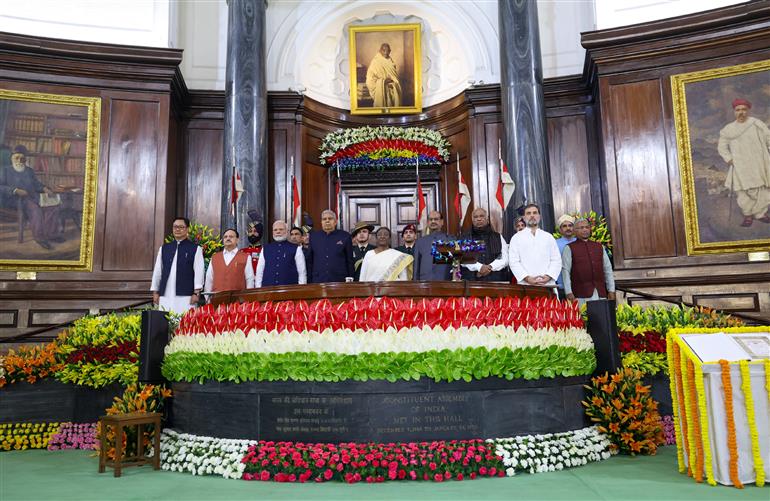 The President of India, Smt. Droupadi Murmu, the Vice President of India, Shri Jagdeep Dhankhar and PM attend Constitution Day 2024 celebrations at Central Hall, in Parliament House, New Delhi on November 26, 2024.