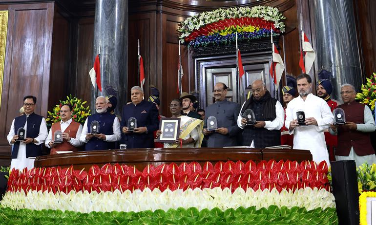 The President of India, Smt. Droupadi Murmu, the Vice President of India, Shri Jagdeep Dhankhar and PM attend Constitution Day 2024 celebrations at Central Hall, in Parliament House, New Delhi on November 26, 2024.