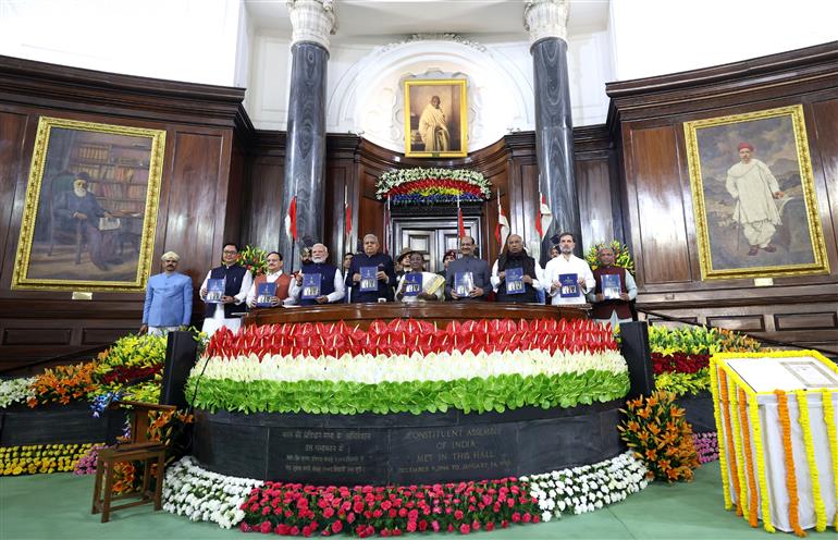 The President of India, Smt. Droupadi Murmu, the Vice President of India, Shri Jagdeep Dhankhar and PM attend Constitution Day 2024 celebrations at Central Hall, in Parliament House, New Delhi on November 26, 2024.