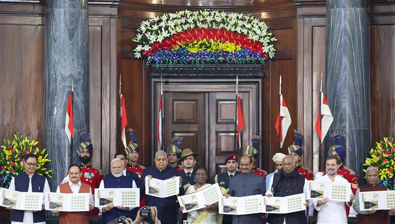 The President of India, Smt. Droupadi Murmu, the Vice President of India, Shri Jagdeep Dhankhar and PM attend Constitution Day 2024 celebrations at Central Hall, in Parliament House, New Delhi on November 26, 2024.