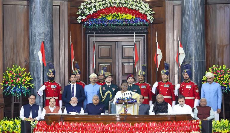 The President of India, Smt. Droupadi Murmu, the Vice President of India, Shri Jagdeep Dhankhar and PM attend Constitution Day 2024 celebrations at Central Hall, in Parliament House, New Delhi on November 26, 2024.
