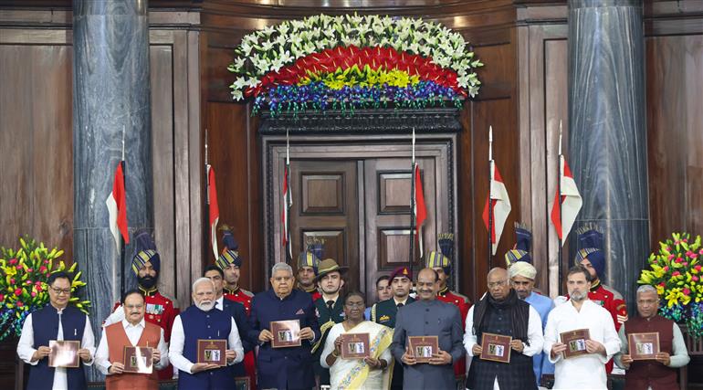 The President of India, Smt. Droupadi Murmu, the Vice President of India, Shri Jagdeep Dhankhar and PM attend Constitution Day 2024 celebrations at Central Hall, in Parliament House, New Delhi on November 26, 2024.