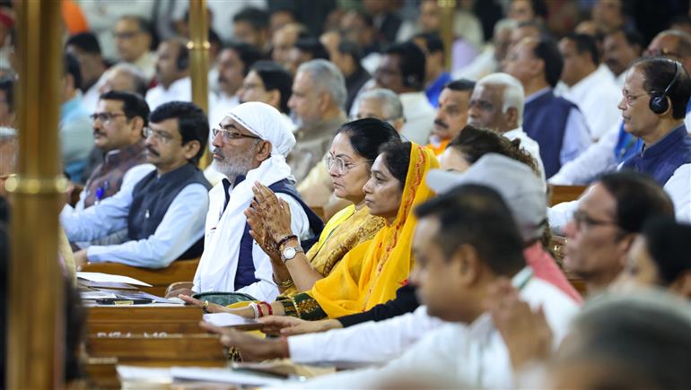 The President of India, Smt. Droupadi Murmu, the Vice President of India, Shri Jagdeep Dhankhar and PM attend Constitution Day 2024 celebrations at Central Hall, in Parliament House, New Delhi on November 26, 2024.