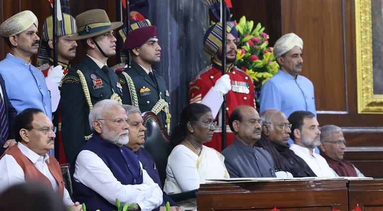 The President of India, Smt. Droupadi Murmu, the Vice President of India, Shri Jagdeep Dhankhar and PM attend Constitution Day 2024 celebrations at Central Hall, in Parliament House, New Delhi on November 26, 2024.