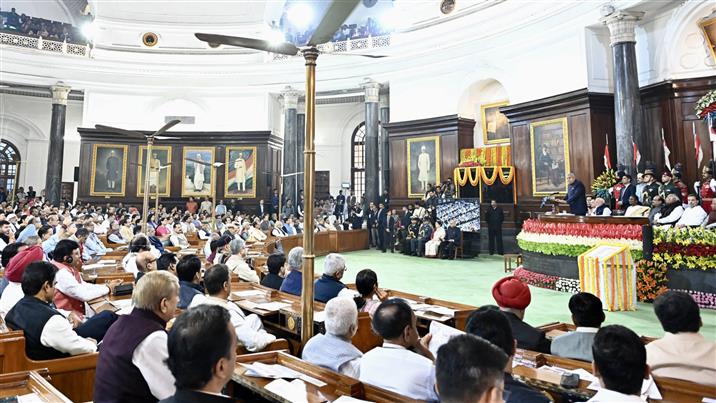 The Vice President of India, Shri Jagdeep Dhankhar addressing the Samvidhan Divas 2024 celebrations in presence of the President, Smt. Droupadi Murmu at Parliament House, in New Delhi on November 26, 2024.
