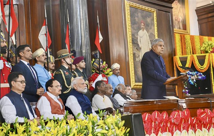 The Vice President of India, Shri Jagdeep Dhankhar addressing the Samvidhan Divas 2024 celebrations in presence of the President, Smt. Droupadi Murmu at Parliament House, in New Delhi on November 26, 2024.