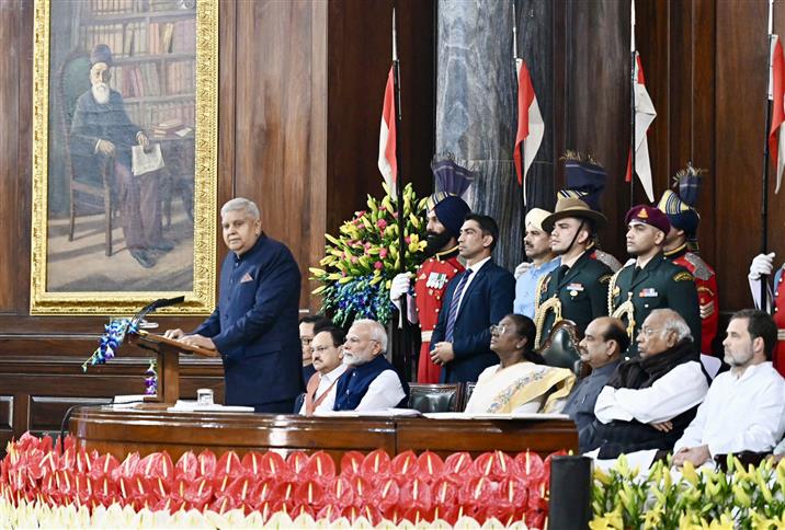 The Vice President of India, Shri Jagdeep Dhankhar addressing the Samvidhan Divas 2024 celebrations in presence of the President, Smt. Droupadi Murmu at Parliament House, in New Delhi on November 26, 2024.