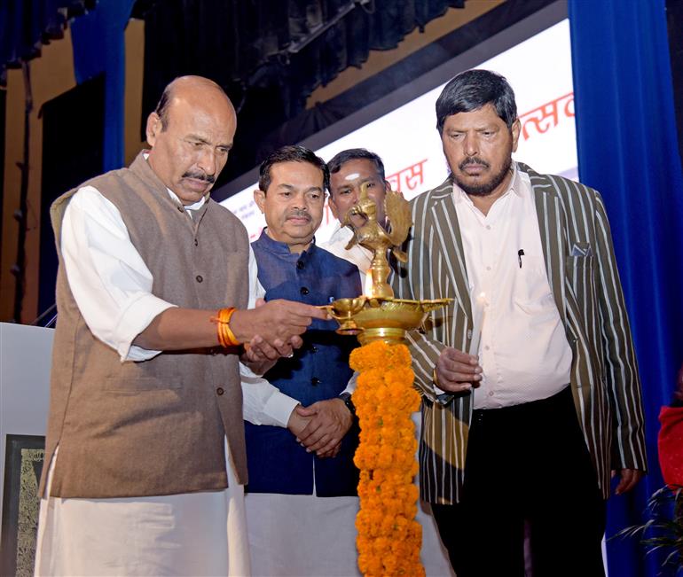 The Union Minister of Social Justice and Empowerment, Dr. Virendra Kumar lighting the lamp at the 75th Constitution Day celebrations at Dr. Ambedkar International Centre, in New Delhi on November 26, 2024. The Minister of State for Consumer Affairs, Food and Public Distribution and Social Justice and Empowerment, Shri B. L. Verma and the Minister of State for Social Justice and Empowerment, Shri Ramdas Athawale are also seen.
