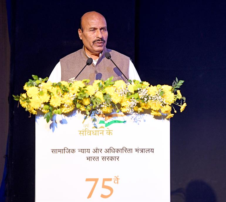 The Union Minister of Social Justice and Empowerment, Dr. Virendra Kumar addressing at the 75th Constitution Day celebrations at Dr. Ambedkar International Centre, in New Delhi on November 26, 2024.