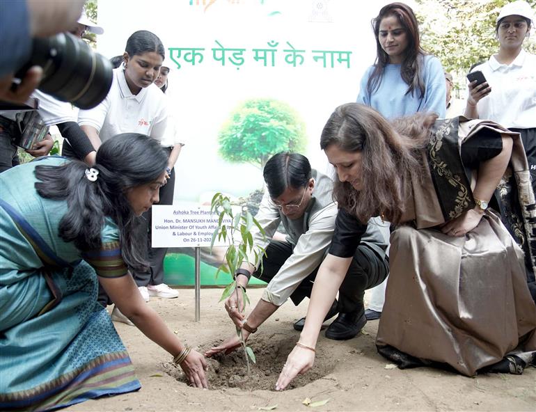 The Union Minister for Youth Affairs and Sports & Labour and Employment, Shri Mansukh Mandaviya planting a sapling during Viksit Bharat Ambassador Yuva Connect event, in New Delhi on November 26, 2024.