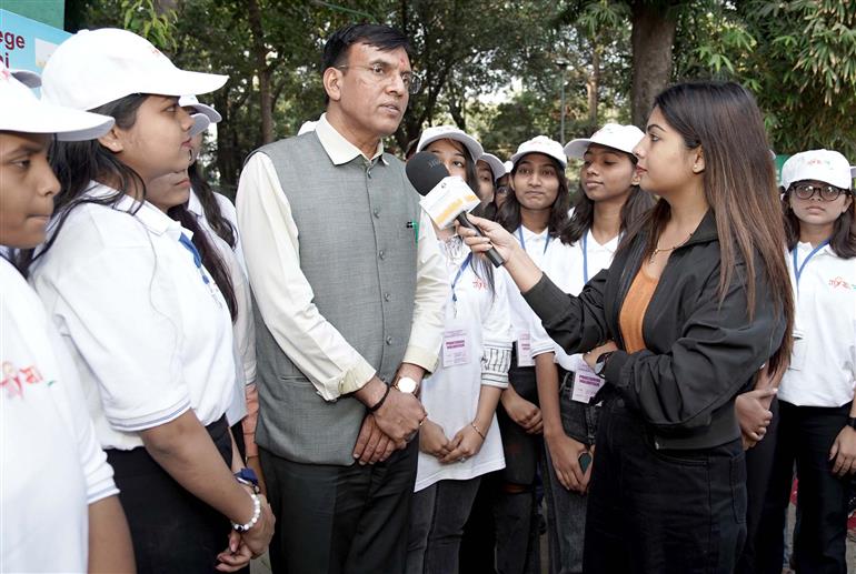 The Union Minister for Youth Affairs and Sports & Labour and Employment, Shri Mansukh Mandaviya interacting with media at Viksit Bharat Ambassador Yuva Connect event, in New Delhi on November 26, 2024.