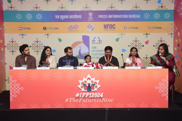 Shri Shashi Chandrakant Khandare (Director) and Smt. Shraddha Shashi Khandare (Producer) from the movie ‘Gypsy' and Shri Emani V Nanda Kishore (Director) and Viswadev Rachakonda (Producer) from the movie’ during Press Conference at 55th IFFI, in Goa on November 26, 2024.