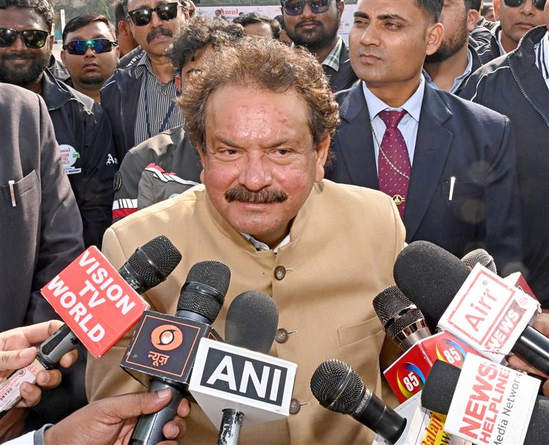 The Minister of State for Fisheries, Animal Husbandry and Dairying & Panchayati Raj, Prof. S. P. Singh Baghel interacting with media at National Milk Day celebrations, in New Delhi on November 26, 2024.