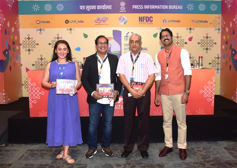 Press Conference with Pankaj Saxena AD, NFDC, Manoj Mohan kadam former Gandhi Medal recipient, Hun Xueyuan ICFT-UNESCO Gandhi Medal Jury member at 55th IFFI, in Goa on November 27, 2024.  