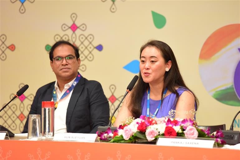 Press Conference with Pankaj Saxena AD, NFDC, Manoj Mohan kadam former Gandhi Medal recipient, Hun Xueyuan ICFT-UNESCO Gandhi Medal Jury member at 55th IFFI, in Goa on November 27, 2024.  