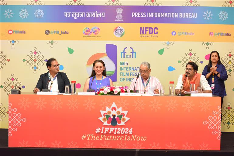 Press Conference with Pankaj Saxena AD, NFDC, Manoj Mohan kadam former Gandhi Medal recipient, Hun Xueyuan ICFT-UNESCO Gandhi Medal Jury member at 55th IFFI, in Goa on November 27, 2024.  