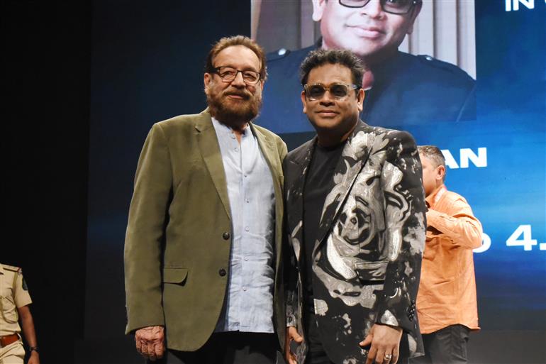 A R Rahman with Festival Director Shekhar Kapur at ‘In - Conversation Session on ‘Lata Mangeshkar Memorial Talk: Musical Theatre in India’ at 55th IFFI 2024, in Goa on November 27, 2024.